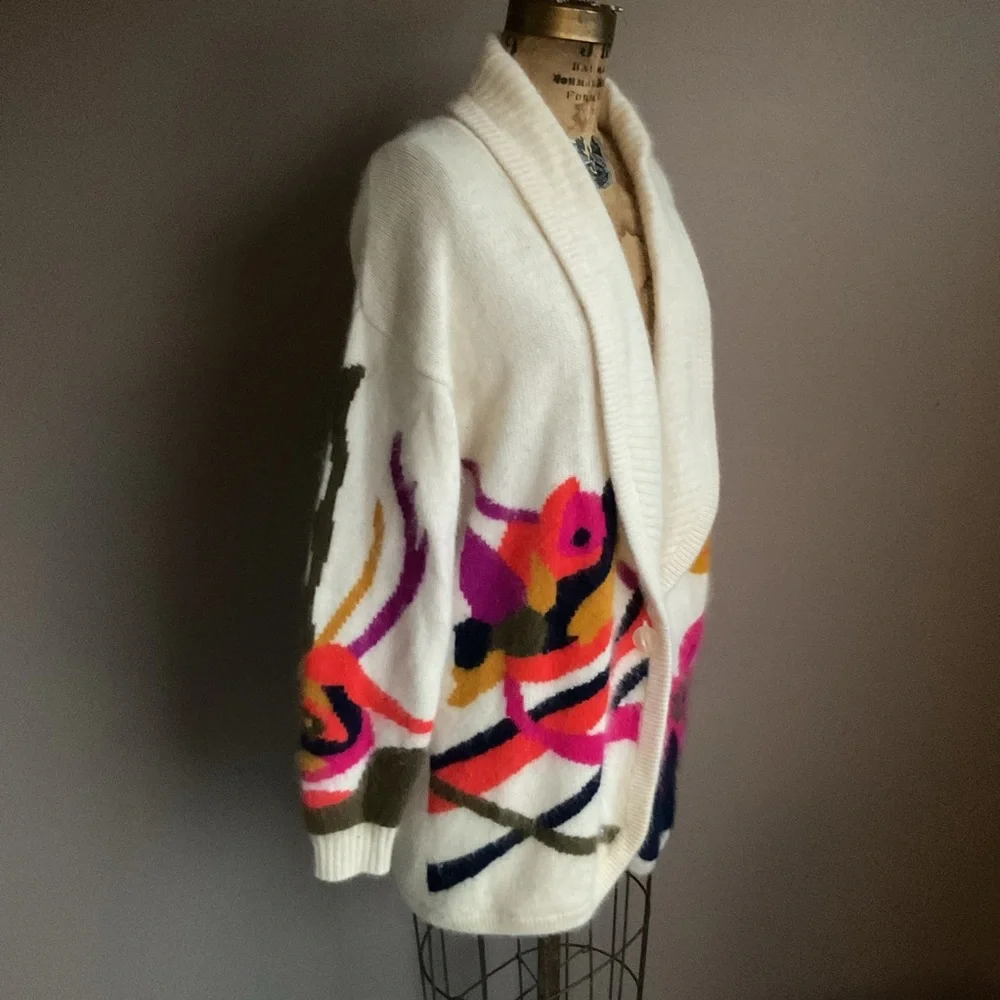 Vintage 80’s Rafaella Cream Floral Angora Rabbit Fur Wool Blend Cardigan, medium - Picture 2 of 6